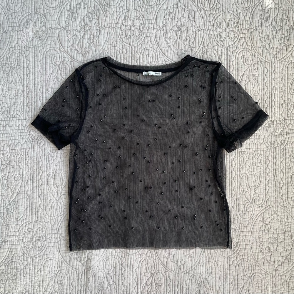 Zara black mesh / sheer top T-Shirt with black beads.